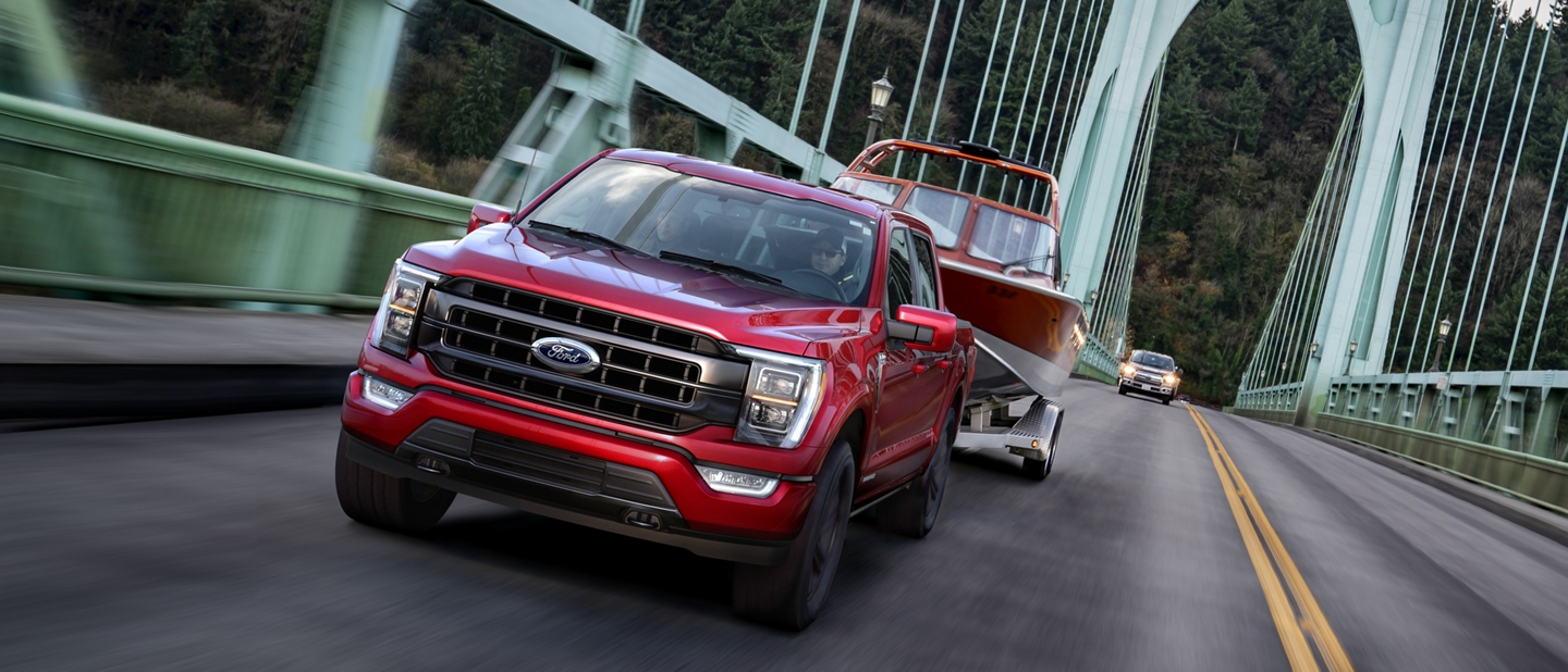2021 Ford F 1 50 towing a board over a bridge